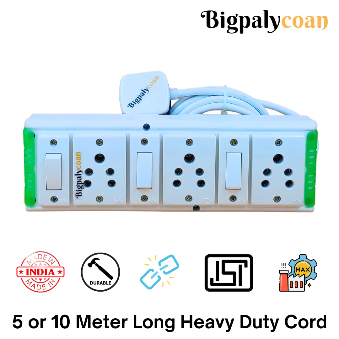 Bigpalycoan 3 Way Electric Extension Board with Individual Switch Heavy Duty 2 metre Cord (Max. Rating 1200W- 230V) PVC Green-White - Image 2