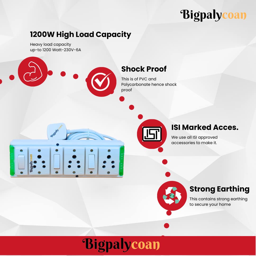 Bigpalycoan 3 Way Electric Extension Board with Individual Switch Heavy Duty 2 metre Cord (Max. Rating 1200W- 230V) PVC Green-White - Image 4