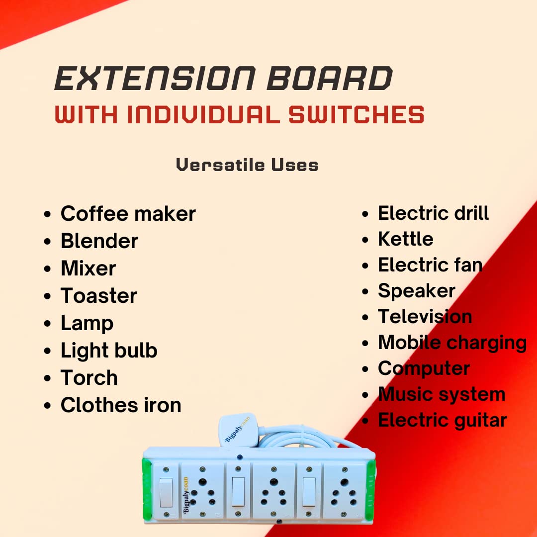 Bigpalycoan 3 Way Electric Extension Board with Individual Switch Heavy Duty 2 metre Cord (Max. Rating 1200W- 230V) PVC Green-White - Image 5